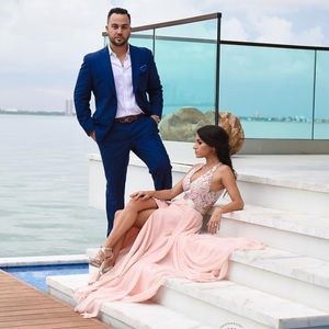 Soft blush backless evening gown with slit